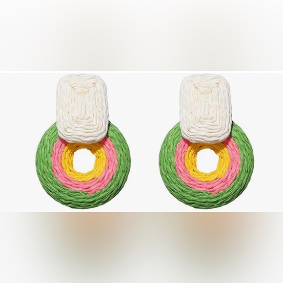 Raffia Drop Earrings Boho Handmade Woven Rattan Hoop Earrings Lightweight. New - Picture 1 of 3